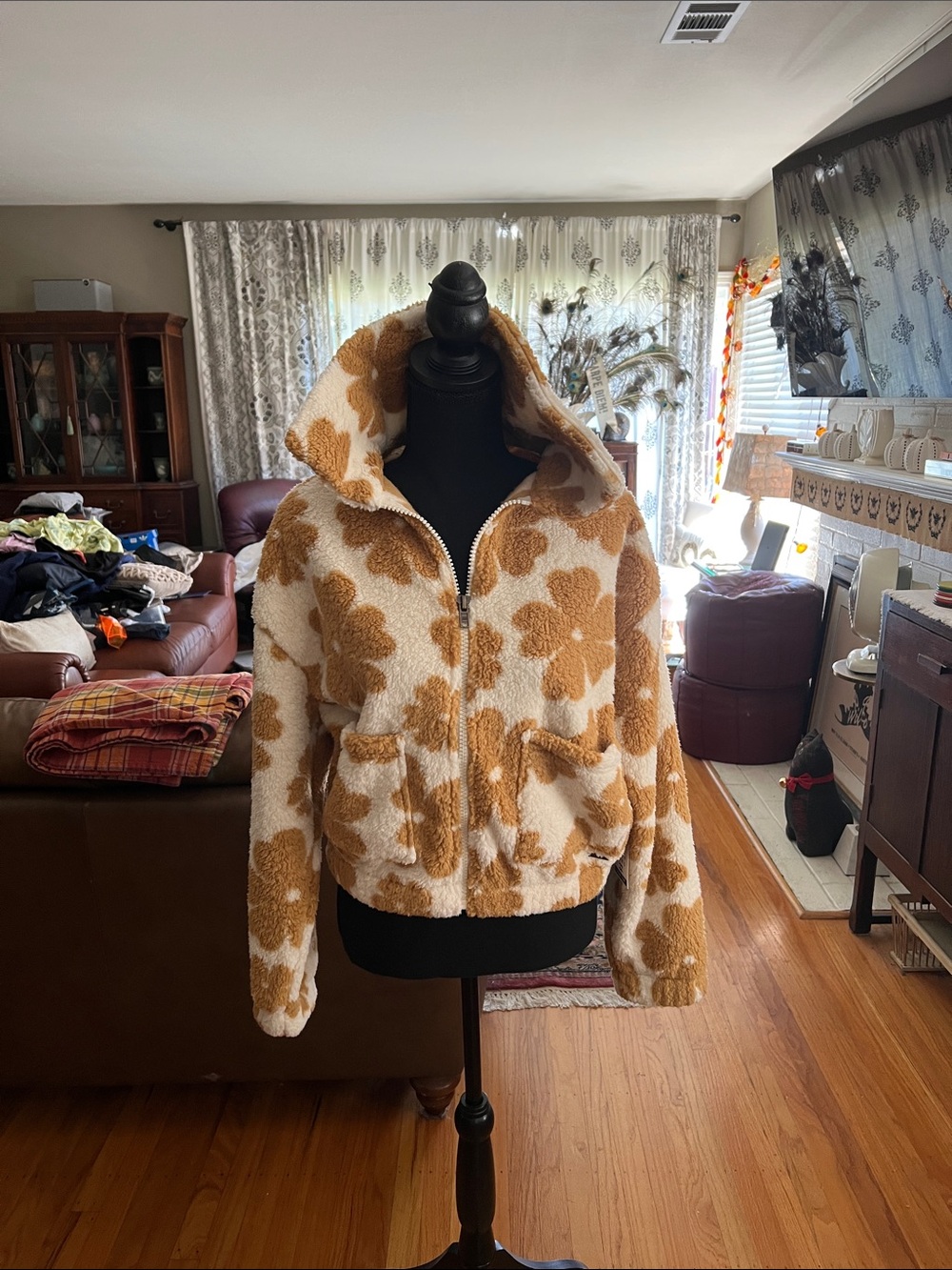 Billabong Cream Sherpa Zip Jacket with Camel Floral Print